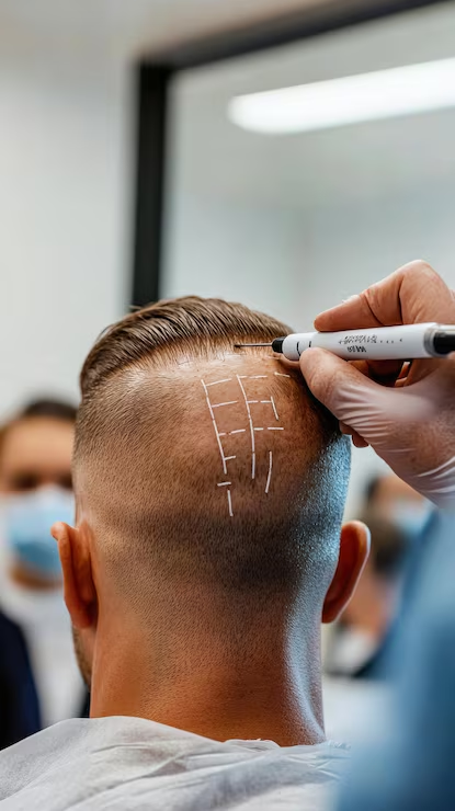 Planowanie przeszczepu włosów w Turkus Hair Transplant Clinic: oznaczenia obszaru dawczego przed zabiegiem FUE.