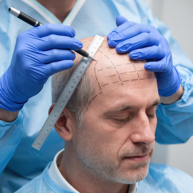 Planowanie linii włosów przed przeszczepie w Turkus Hair Transplant Clinic, oznaczenia skóry głowy przez lekarza.