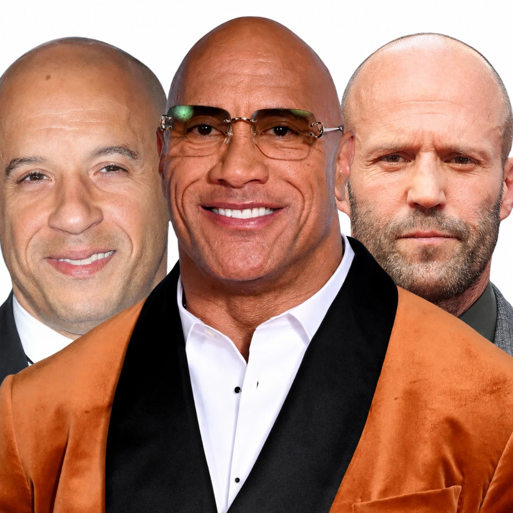 Łysi aktorzy Hollywood, w tym Vin Diesel i Jason Statham, reprezentujący styl gwiazd akcji.