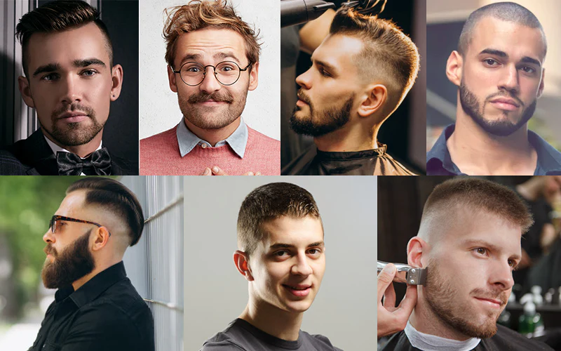 Kolaż fryzur eksponujących linię włosów: slick back, ciasny fade i płaskie cięcia.