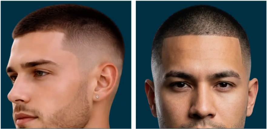Barber dopracowujący linię buzz cutu i krawędź skroni trimerem.
