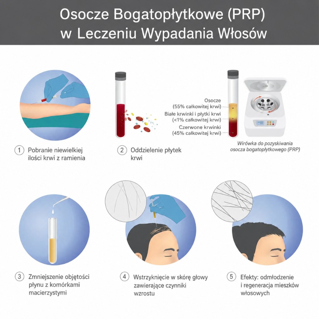 Polska infografika pięciu kroków terapii osoczem bogatopłytkowym PRP w leczeniu wypadania włosów.
