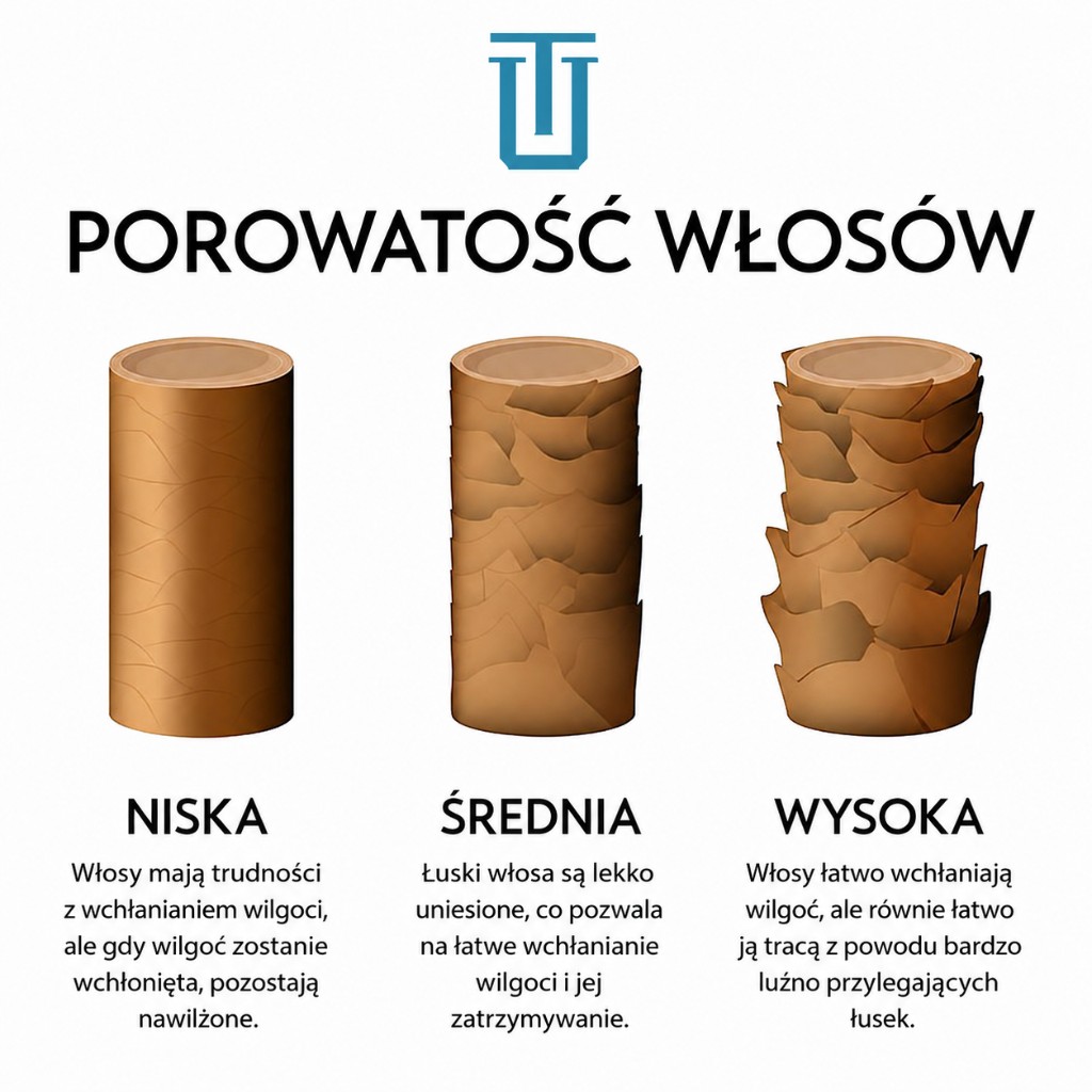 Polska infografika porównująca niską, normalną i wysoką porowatość włosów z diagramem łusek i przepływu wilgoci.