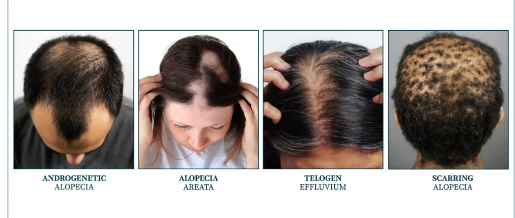 Porównanie łysienia androgenowego, alopecia areata, telogenowego wypadania i łysienia bliznowaciejącego.