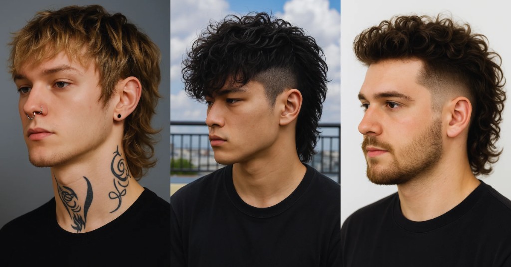 Trzech mężczyzn: textured mullet, curly fade mullet i taper fade mullet.