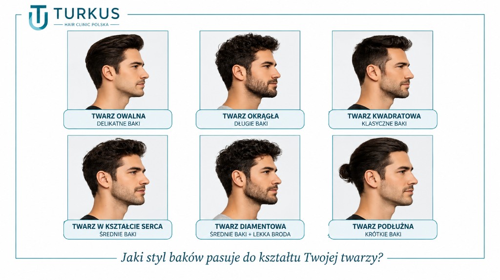 Grafika dopasowująca style baków do twarzy owalnej, okrągłej, kwadratowej, serca, diamentu i długiej.