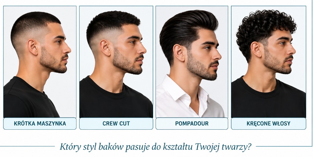 Przykłady stylów baków z buzz cut, fade, pompadourem, kręconymi i długimi włosami.
