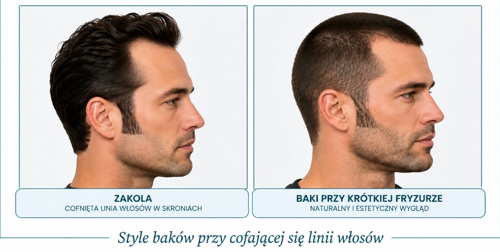 Przykłady baków przy cofaniu skroni, buzz cut i ramowaniu po zabiegu.