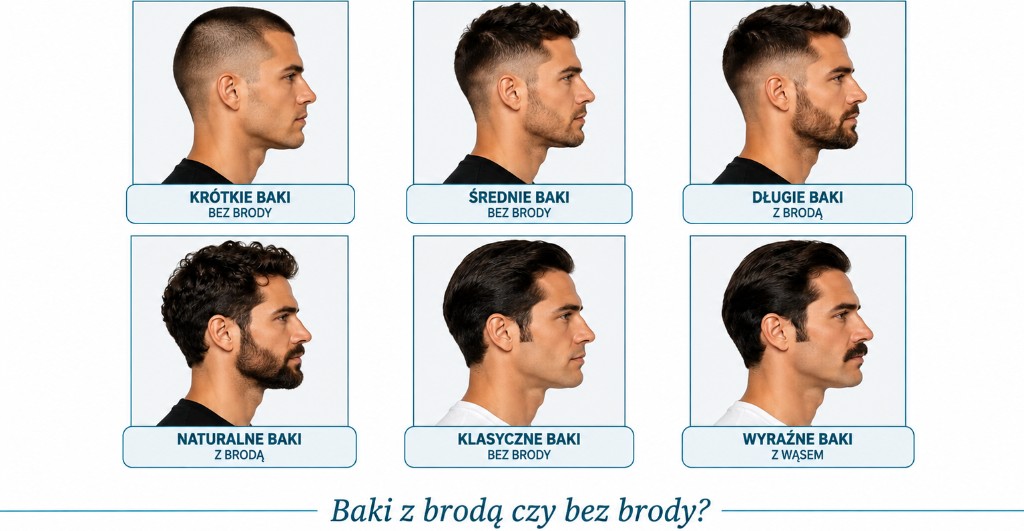 Porównanie stylów baków z zarostem, pełną brodą, gładką twarzą i wąsami.
