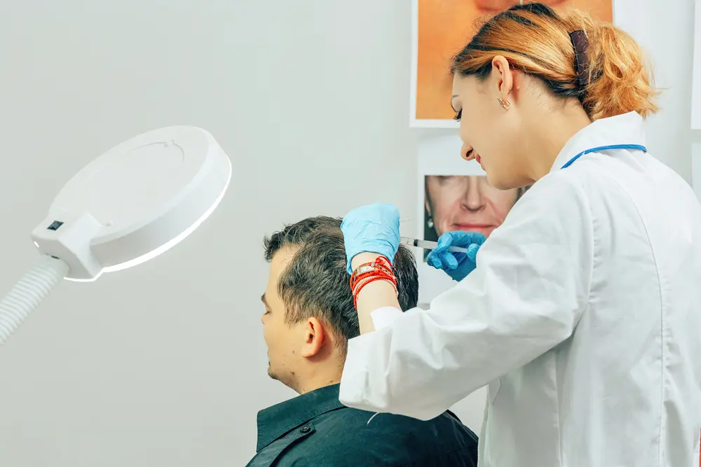 Wstrzyknięcie leczenia skóry głowy podczas wspierającej terapii w klinice.