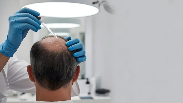 Sesja niechirurgicznego leczenia skóry głowy przy przerzedzeniu korony w Turkus Hair Transplant Clinic, Warszawa.