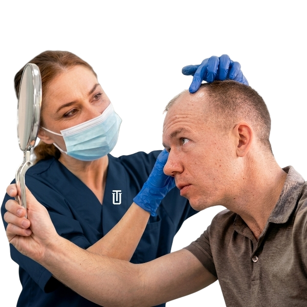 Konsultacja FAQ dotyczący przeszczepu włosów w Turkus Hair Transplant Clinic, Warszawa, pacjent omawiający kwestie dotyczące leczenia.