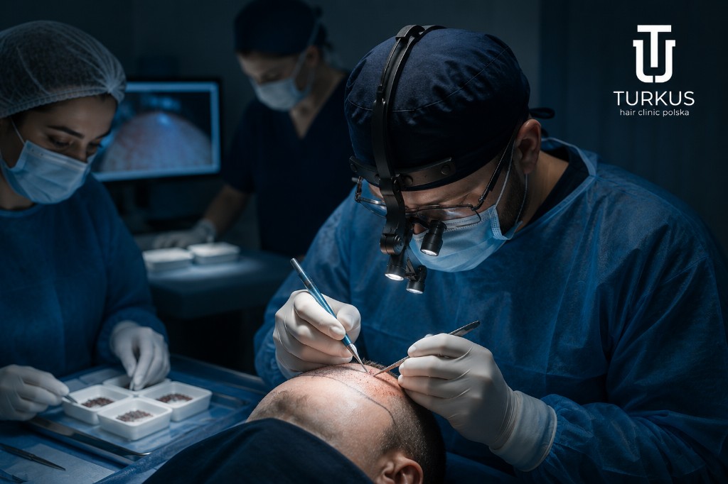 Chirurg z lupą operacyjną podczas przeszczepu włosów w Turkus Hair Transplant Clinic, Warszawa.