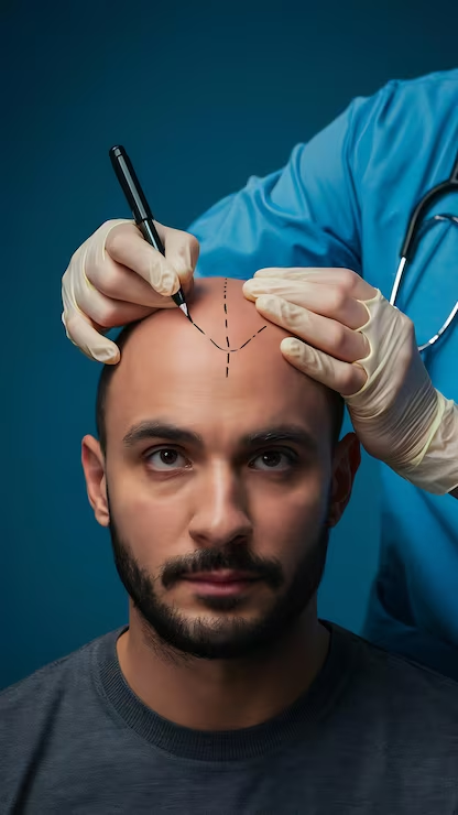 Lekarz w rękawiczkach planuje linię włosów u pacjenta markerem podczas konsultacji przed przeszczepie w Turkus Hair Transplant Clinic.