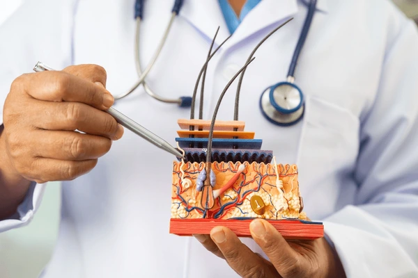 Lekarz w Turkus Hair Transplant Clinic wskazuje długopisem strukturę skóry głowy i mieszków włosowych na modelu anatomicznym podczas konsultacji.