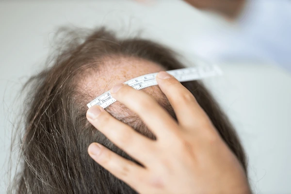 Ręka specjalisty w Turkus Hair Transplant Clinic mierzy elastyczną miarką obszar przerzedzenia włosów na czubku głowy pacjenta podczas oceny przed zabiegiem.